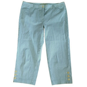 Talbots Size 12 Cropped Pants Blue White Stripe Buttons Preppy Pinstripe Pockets